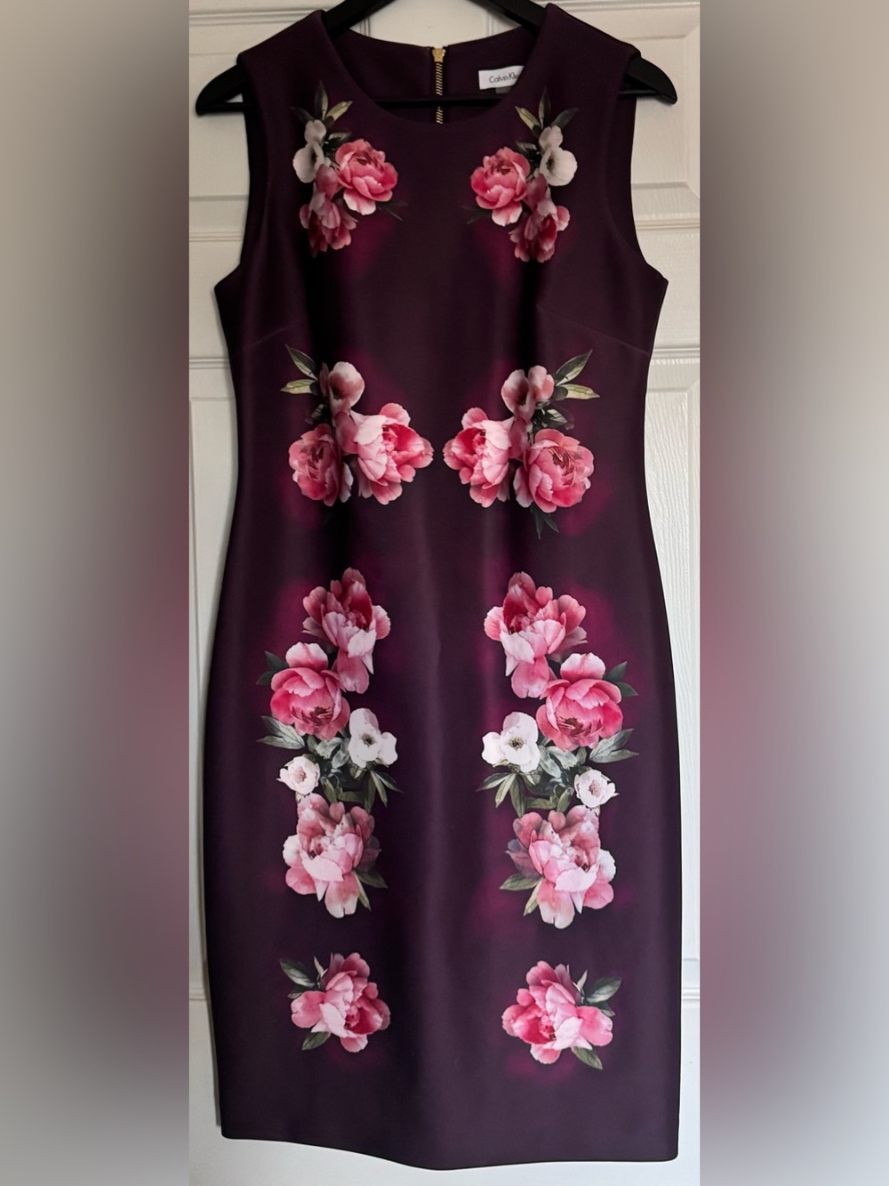 Calvin Klein Floral Sheath Dress in Deep Plum with Pink Blooms